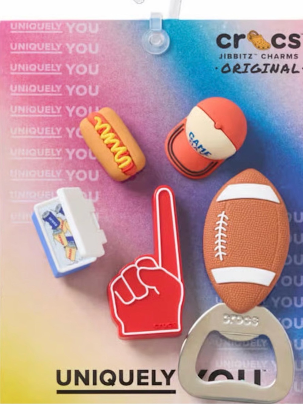 Crocs Jibbitz Tailgate Football - 5 Pieces with Bottle Opener Cooler Foam Finger